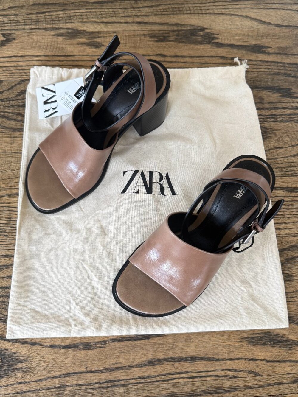 Zara Women's Open Toe Vegan Leather Sandals Taupe-Brown Block Heel Sz 6 NWT $89